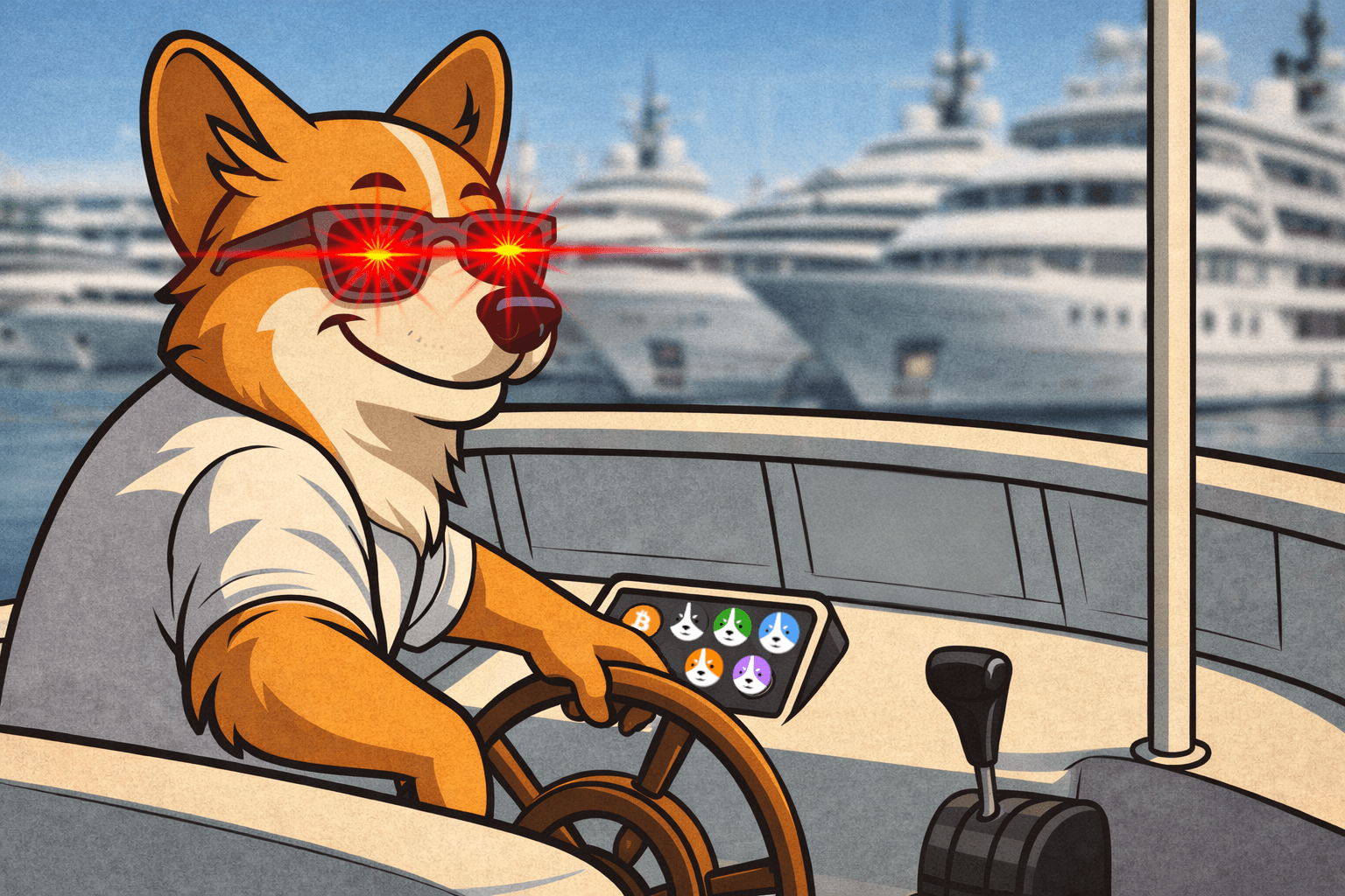 Welsh Corgi driving a large yacht in a wealthy marina